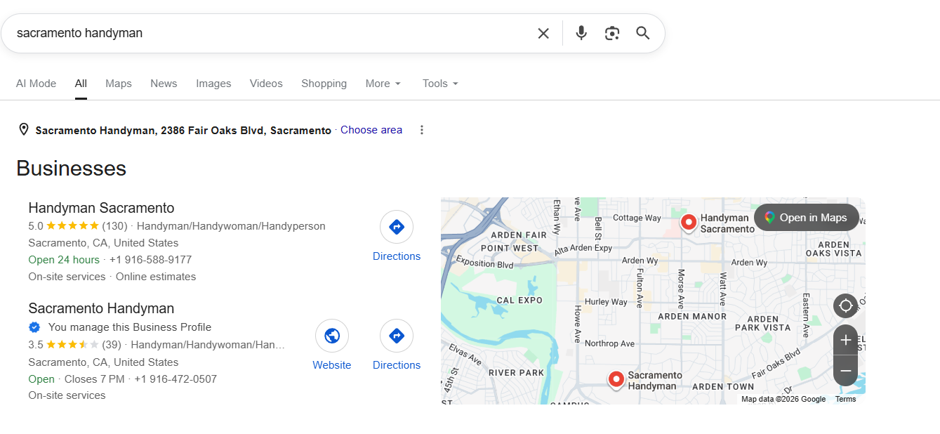 this is a screenshot of the first page positions for the website SacramentoHandyman.com