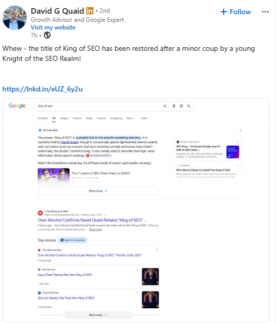 Google search results for "king of seo" showing an AI Overview and news headlines from the Globe and Mail and Barchart naming SEOs the King of SEO